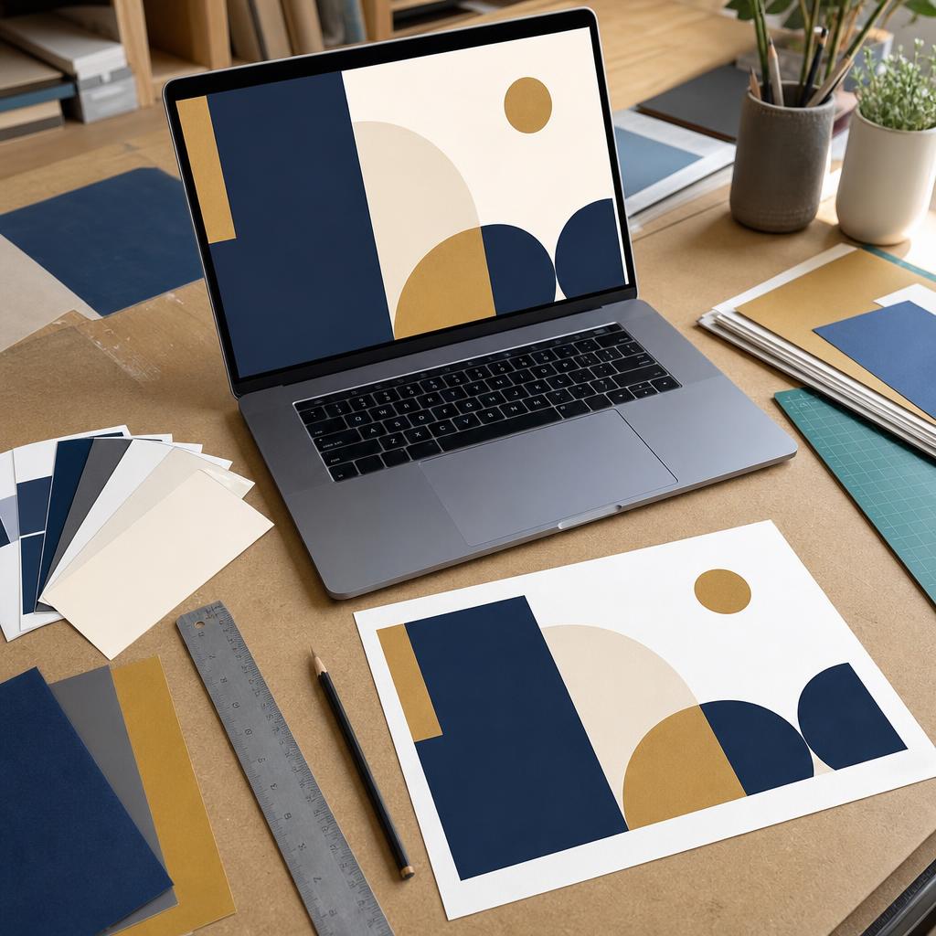 Illustrative design worktable with artwork, colour swatches and a laptop