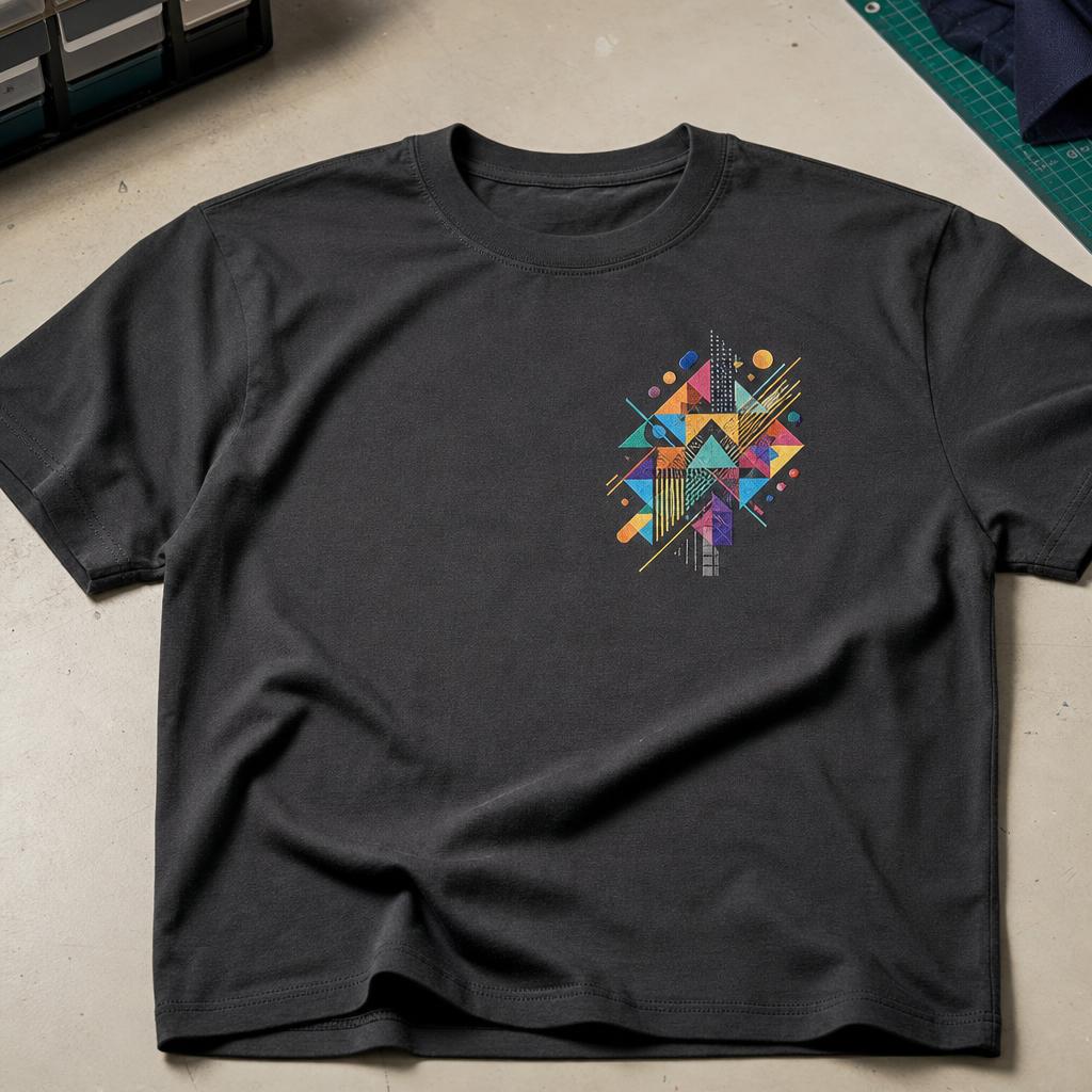 Illustrative charcoal T-shirt with a detailed multicolour geometric print