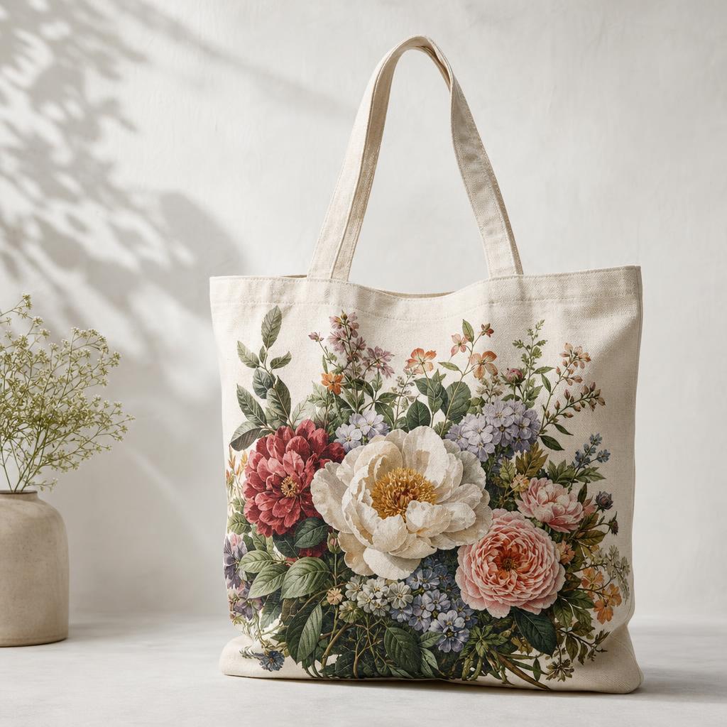 Illustrative canvas bag with a detailed full-colour botanical print