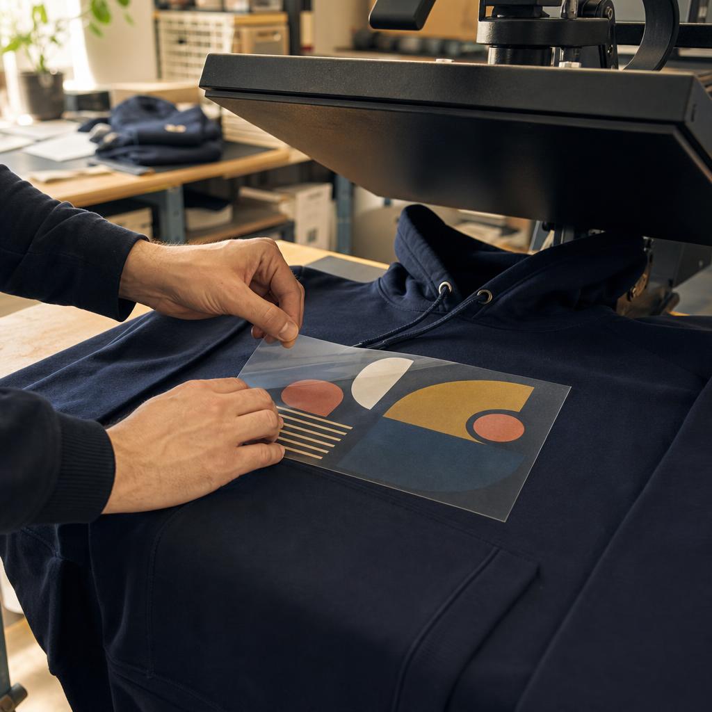 Illustrative view of a heat press applying a design to a hoodie