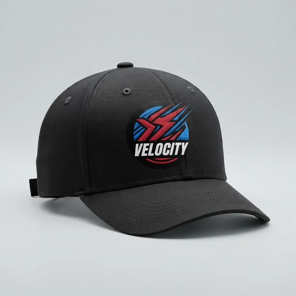 Illustrative mockup of a black cap with a multicolour Velocity design