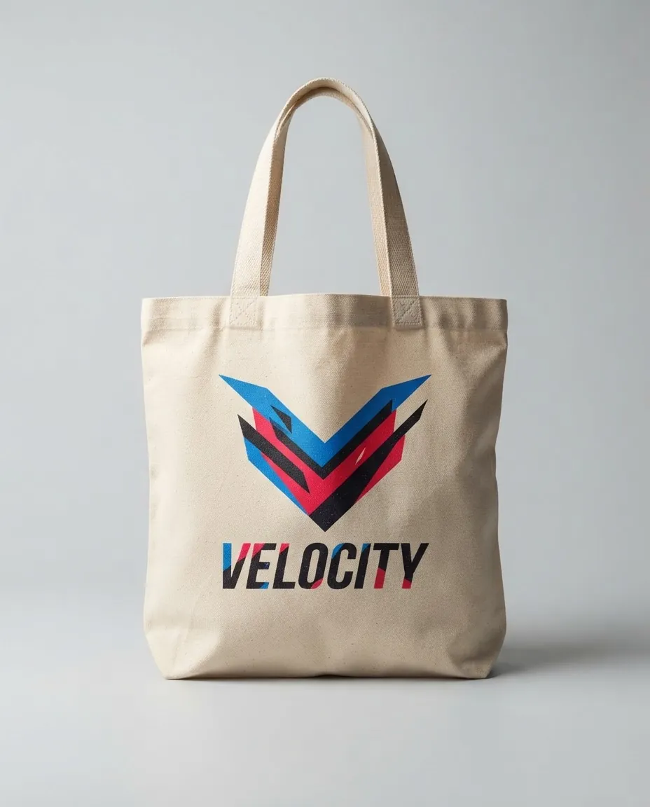 Illustrative mockup of a canvas tote bag with a multicolour Velocity design