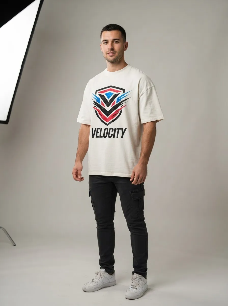 Illustrative mockup of a white T-shirt with a multicolour Velocity design