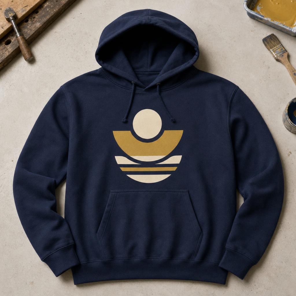 Illustrative navy hoodie with a bold two-colour geometric print